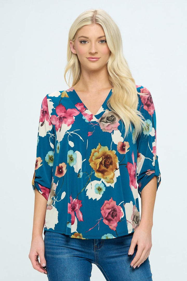 Image of West K Hollie Roll - tab Sleeve Knit Blouse Teal Multi Floral