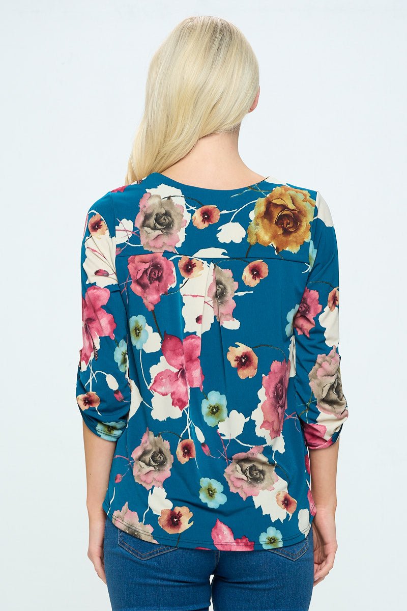 Image of West K Hollie Roll - tab Sleeve Knit Blouse Teal Multi Floral