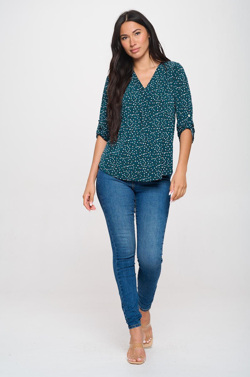 Image of West K Hollie Roll - tab Sleeve Knit Blouse Teal Speckles