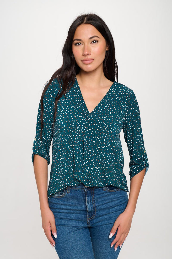 Image of West K Hollie Roll - tab Sleeve Knit Blouse Teal Speckles