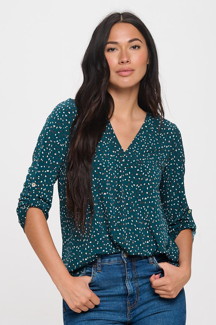 Image of West K Hollie Roll - tab Sleeve Knit Blouse Teal Speckles