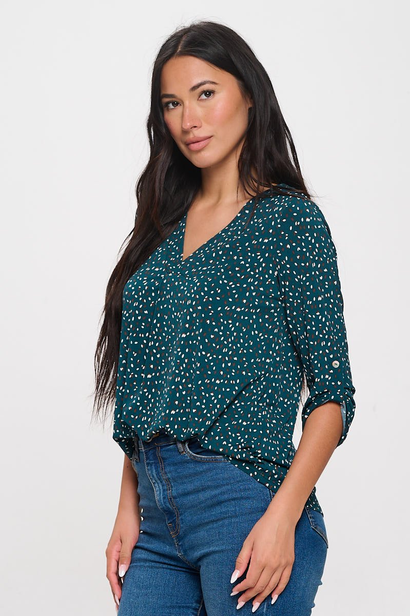 Image of West K Hollie Roll - tab Sleeve Knit Blouse Teal Speckles