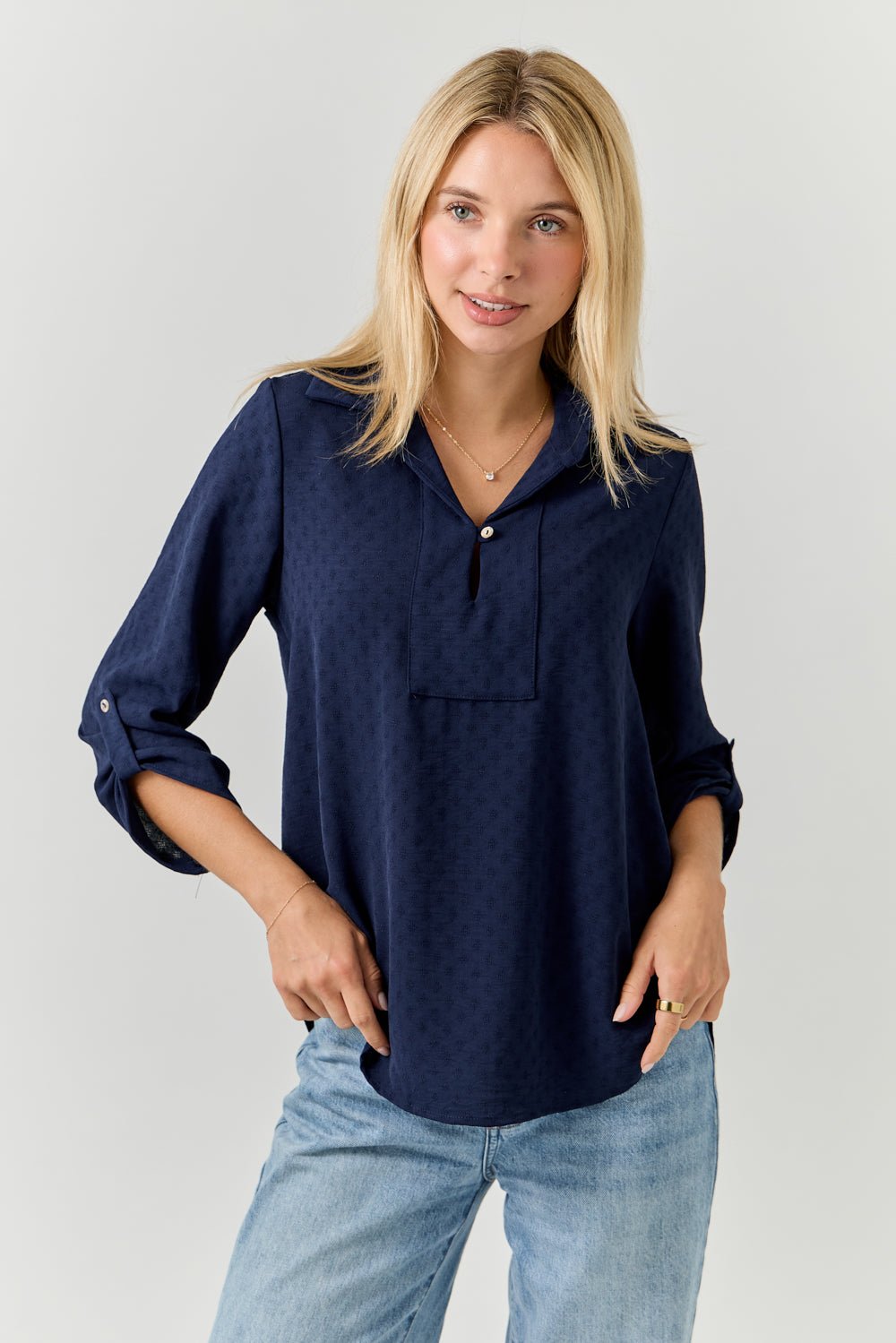 Image of West K Ines 3/4 Rolltab Sleeve Collared Blouse Dark Navy
