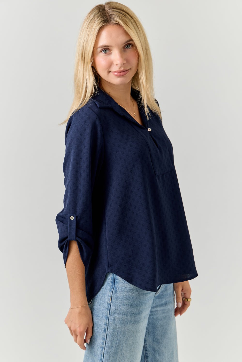 Image of West K Ines 3/4 Rolltab Sleeve Collared Blouse Dark Navy
