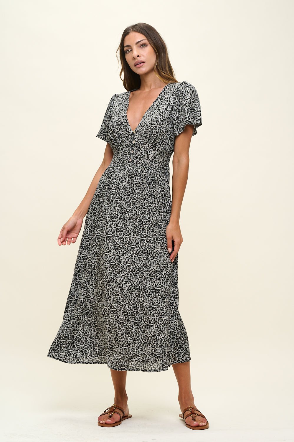 Image of West K Ingrid Flutter Sleeve Gauze Midi Dress Black Ditzy Floral