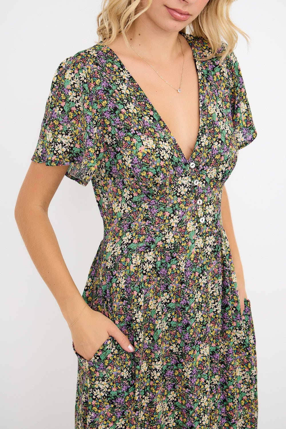 Image of West K Ingrid Flutter Sleeve Gauze Midi Dress Green Lavender Ditzy