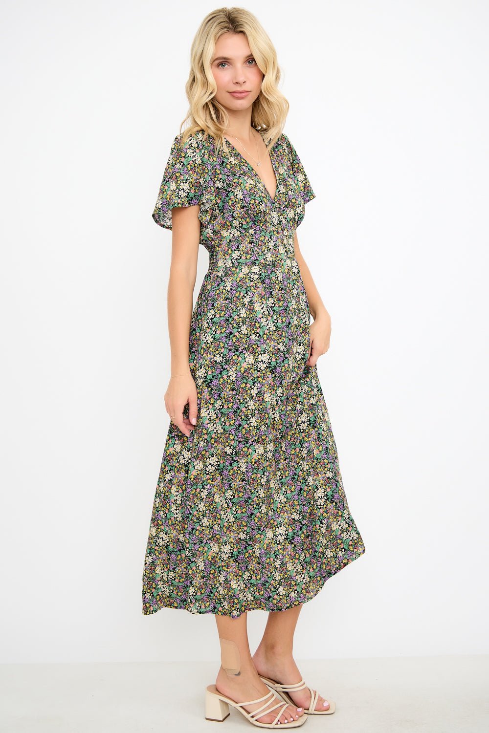 Image of West K Ingrid Flutter Sleeve Gauze Midi Dress Green Lavender Ditzy