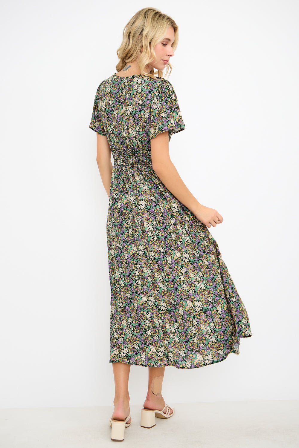 Image of West K Ingrid Flutter Sleeve Gauze Midi Dress Green Lavender Ditzy