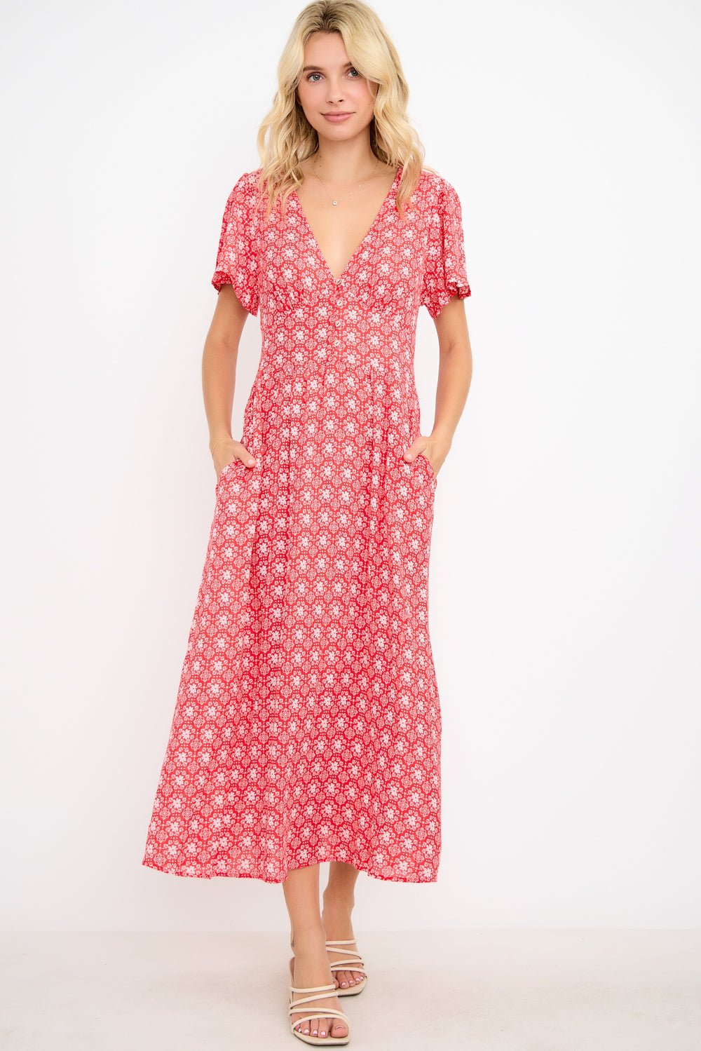 Image of West K Ingrid Flutter Sleeve Gauze Midi Dress Green Lavender Ditzy