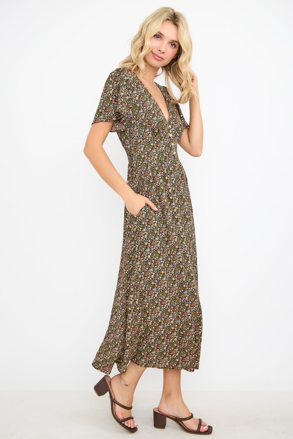 Image of West K Ingrid Flutter Sleeve Gauze Midi Dress Green Lavender Ditzy