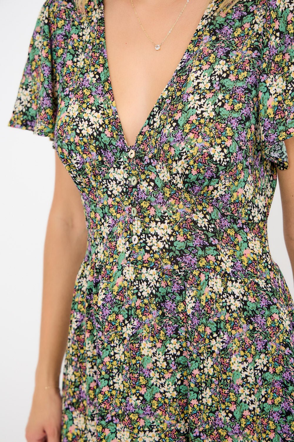 Image of West K Ingrid Flutter Sleeve Gauze Midi Dress Green Lavender Ditzy