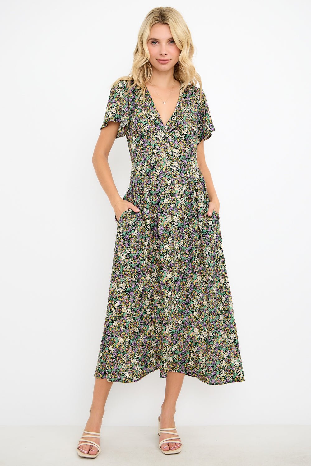 Image of West K Ingrid Flutter Sleeve Gauze Midi Dress Green Lavender Ditzy