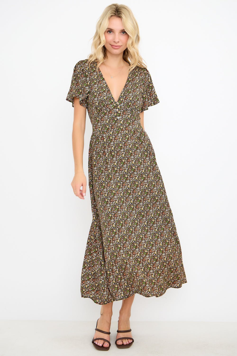 Image of West K Ingrid Flutter Sleeve Gauze Midi Dress Green Lavender Ditzy