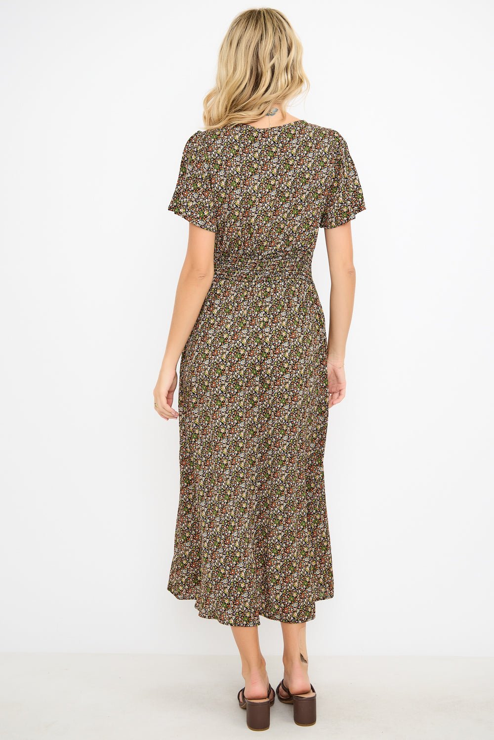 Image of West K Ingrid Flutter Sleeve Gauze Midi Dress Green Lavender Ditzy