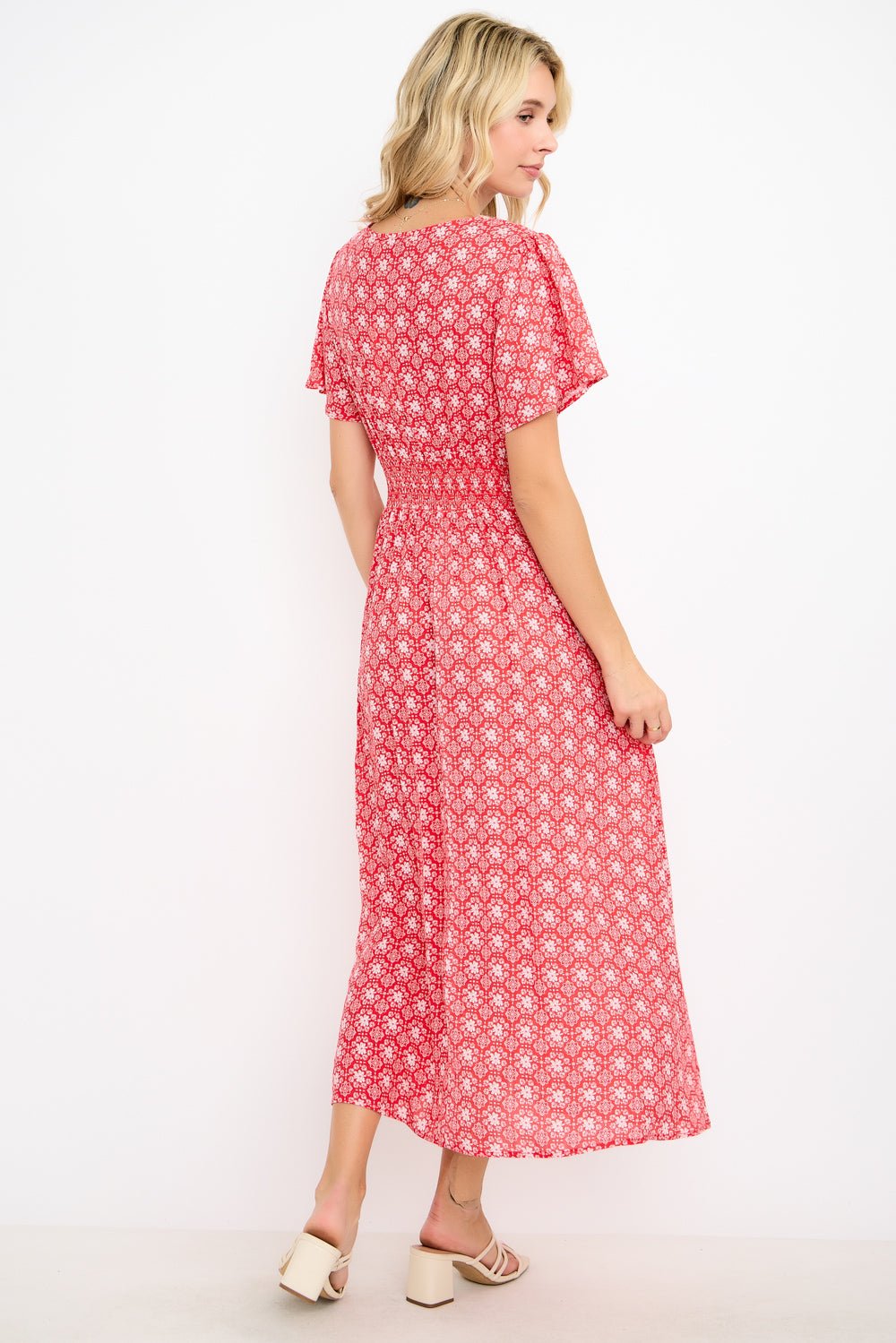 Image of West K Ingrid Flutter Sleeve Gauze Midi Dress Green Lavender Ditzy