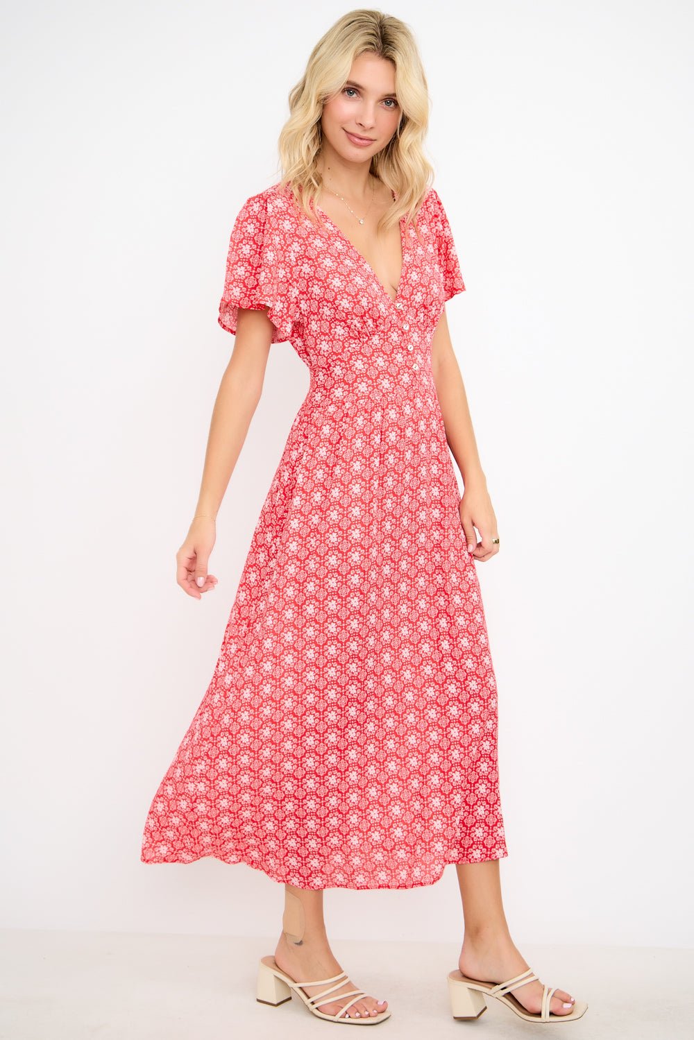 Image of West K Ingrid Flutter Sleeve Gauze Midi Dress Green Lavender Ditzy
