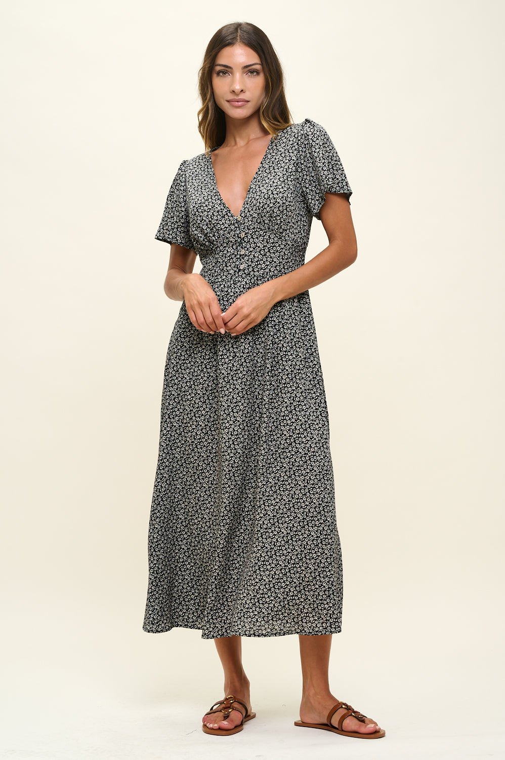 Image of West K Ingrid Flutter Sleeve Gauze Midi Dress Mauve Ditzy Floral