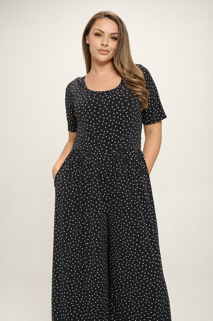 Image of West K Jana Plus Size Short Sleeve Knit Jumpsuit Black Dots