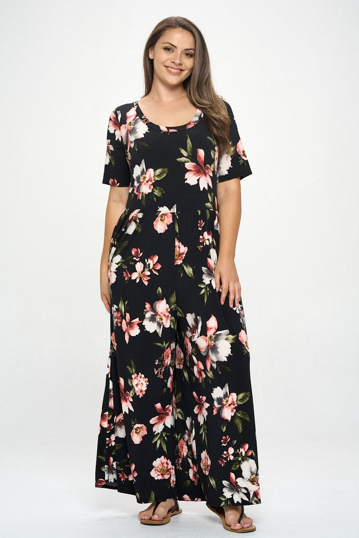 Image of West K Jana Plus Size Short Sleeve Knit Jumpsuit Black Multi Floral