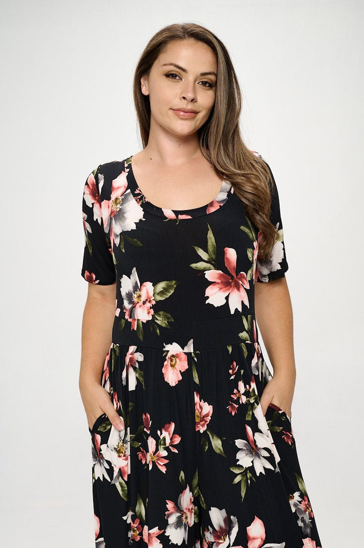 Image of West K Jana Plus Size Short Sleeve Knit Jumpsuit Black Multi Floral