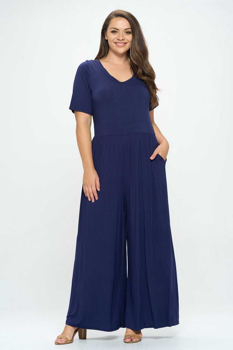 Image of West K Jana Plus Size Short Sleeve Knit Jumpsuit Navy