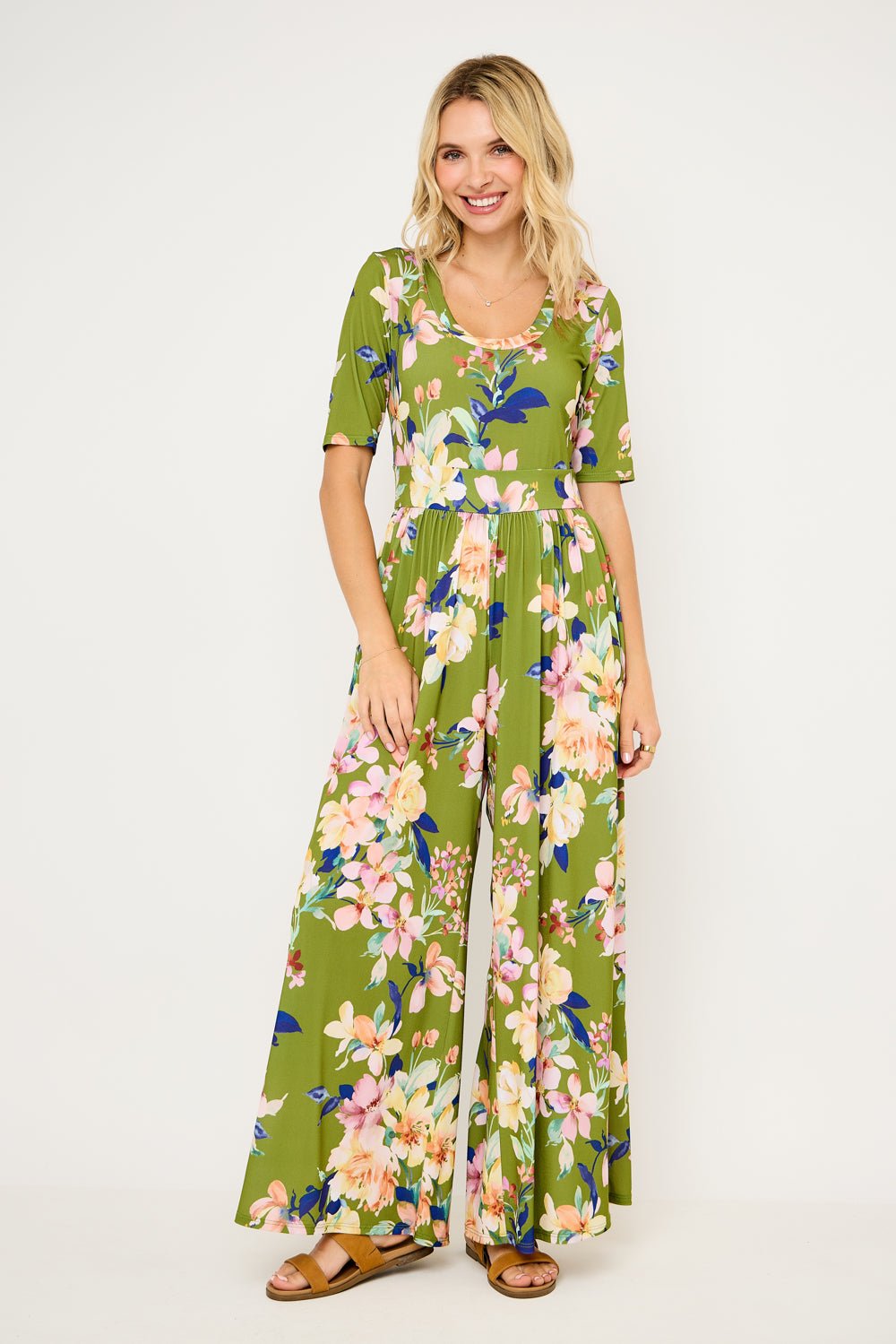 Image of West K Jana Printed Knit Jumpsuit Army Green Floral