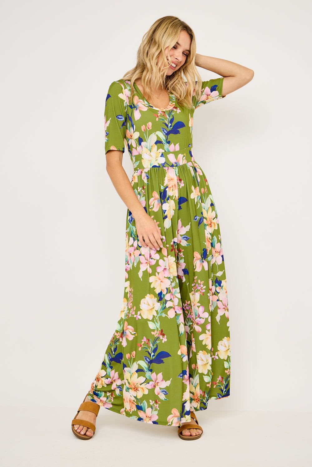 Image of West K Jana Printed Knit Jumpsuit Army Green Floral