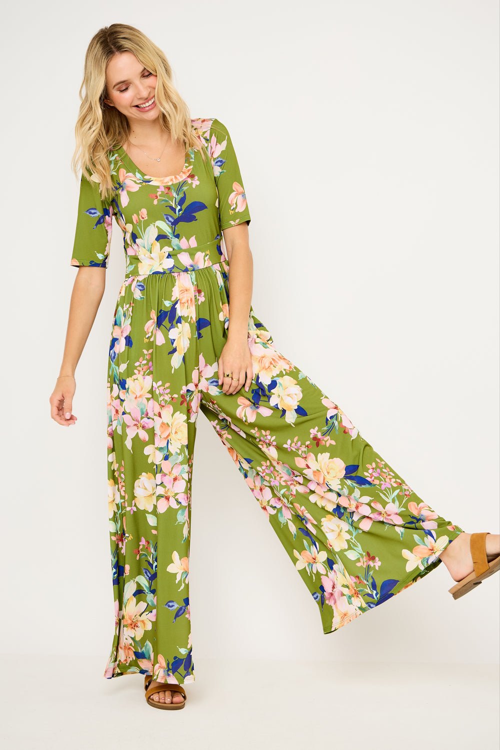 Image of West K Jana Printed Knit Jumpsuit Army Green Floral