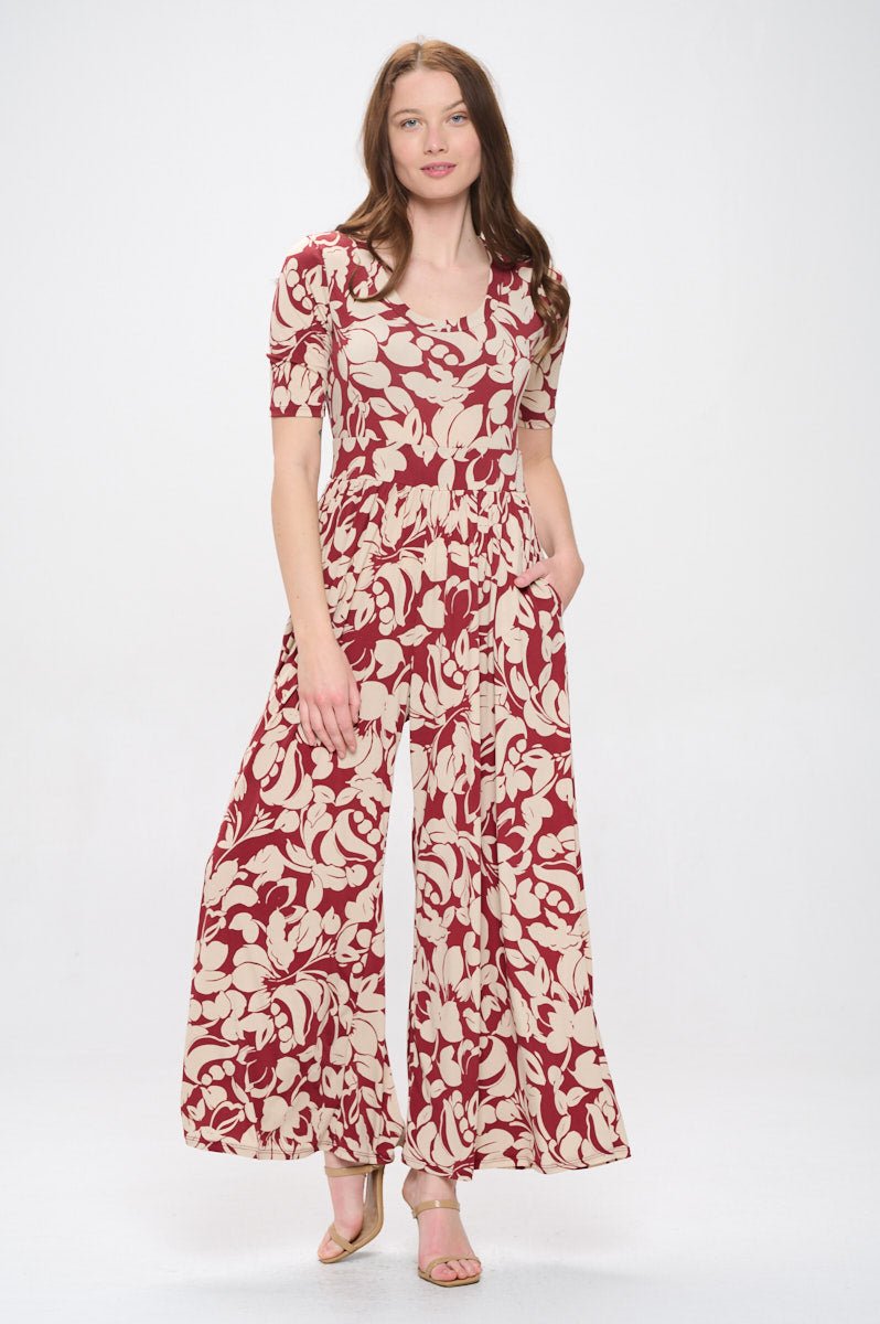 Image of West K Jana Printed Knit Jumpsuit Bordeaux Leaf