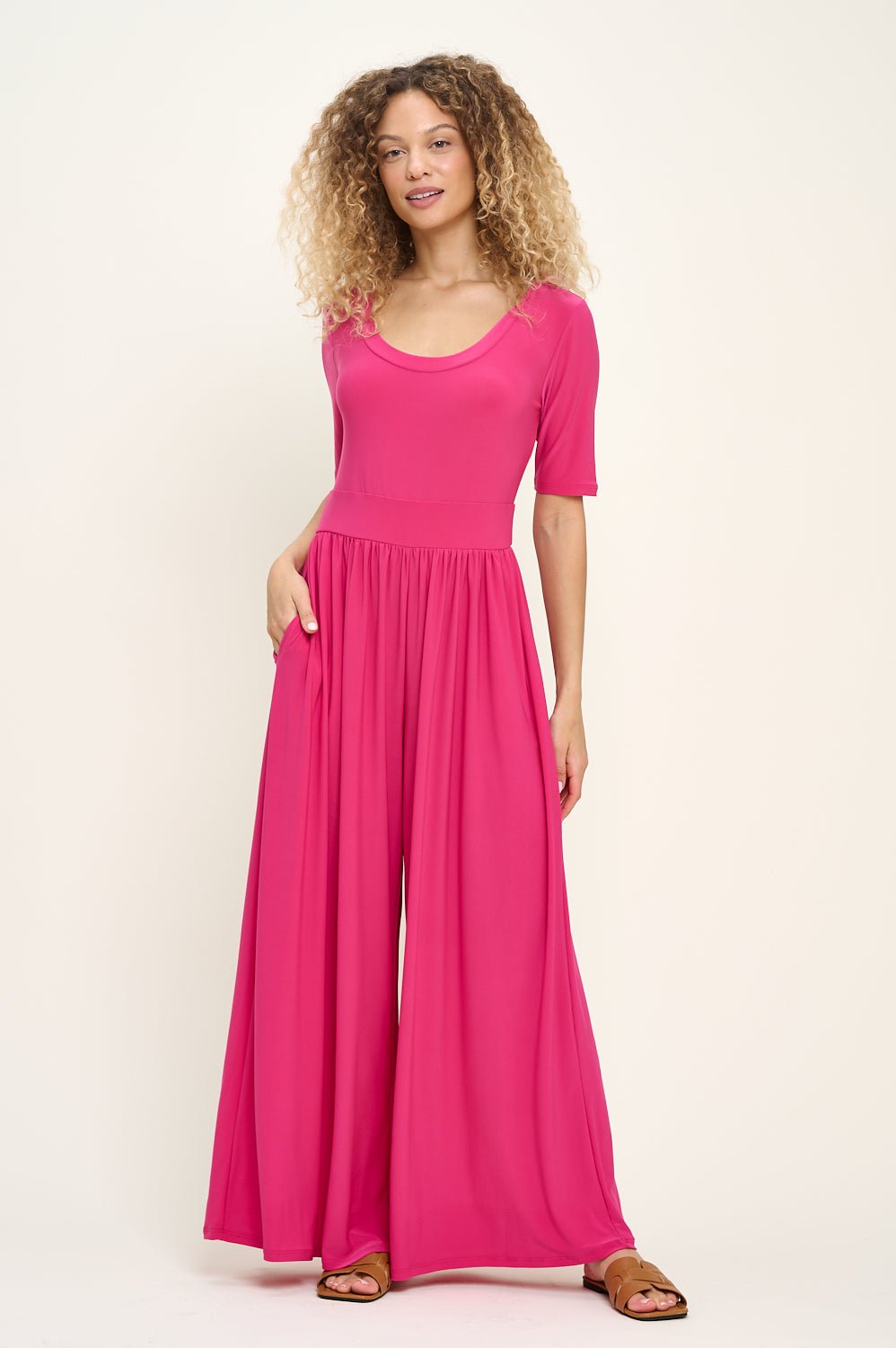 Image of West K Jana Short Sleeve Knit Jumpsuit Fuchsia Pink