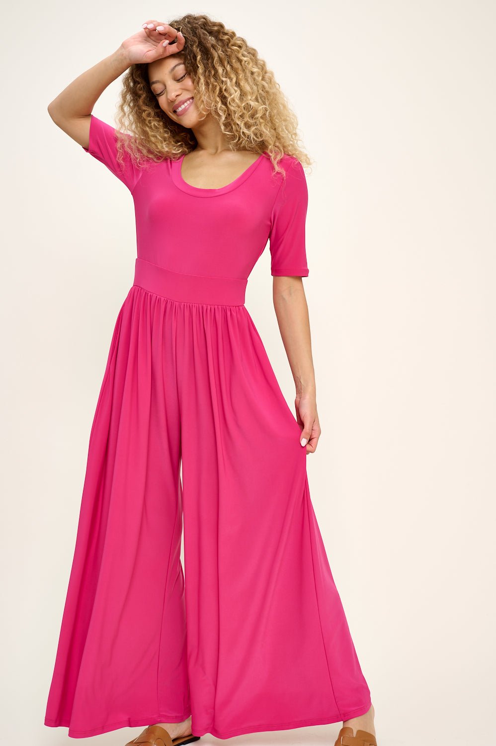 Image of West K Jana Short Sleeve Knit Jumpsuit Fuchsia Pink