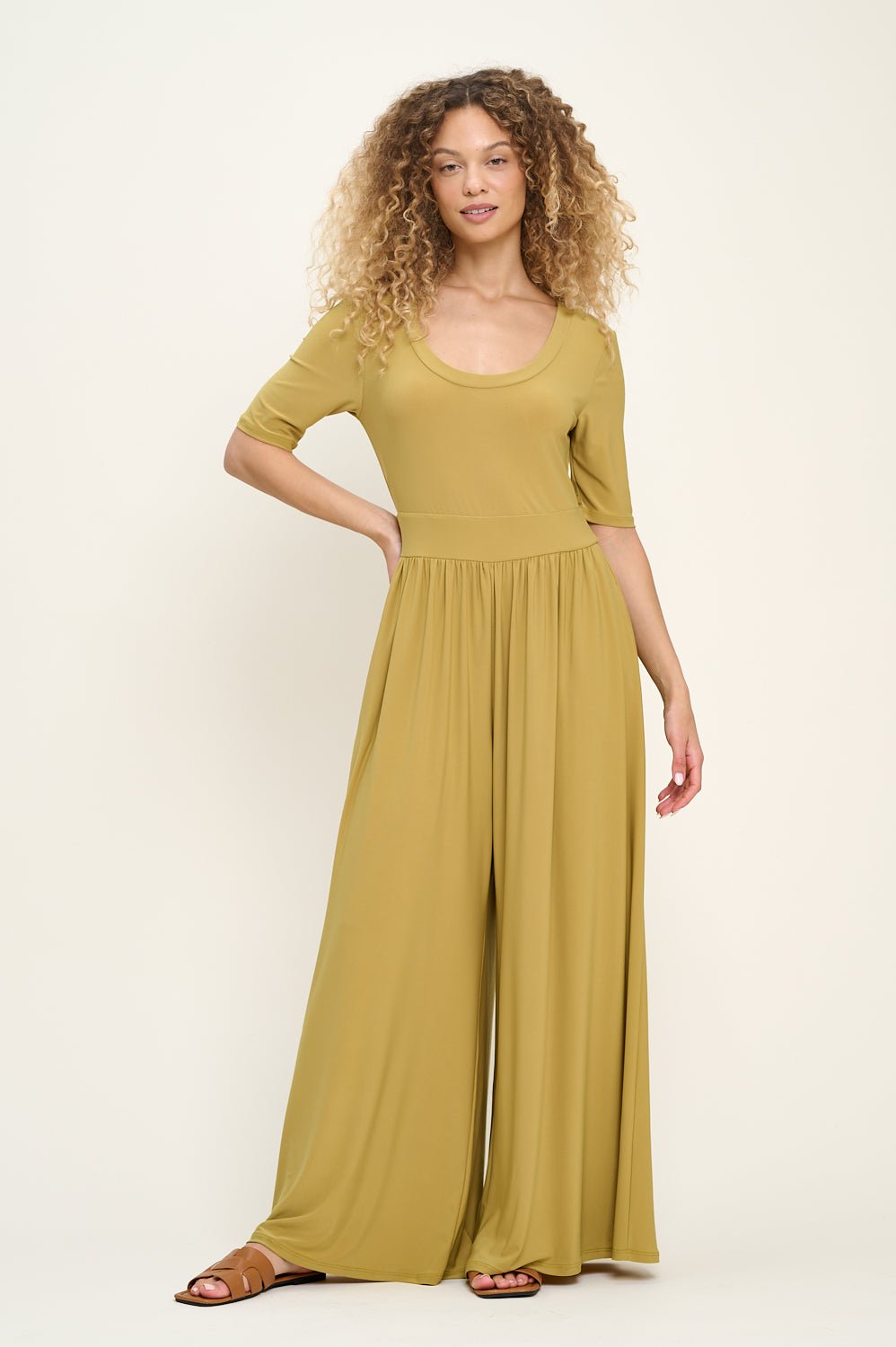 Image of West K Jana Short Sleeve Knit Jumpsuit Green Citron