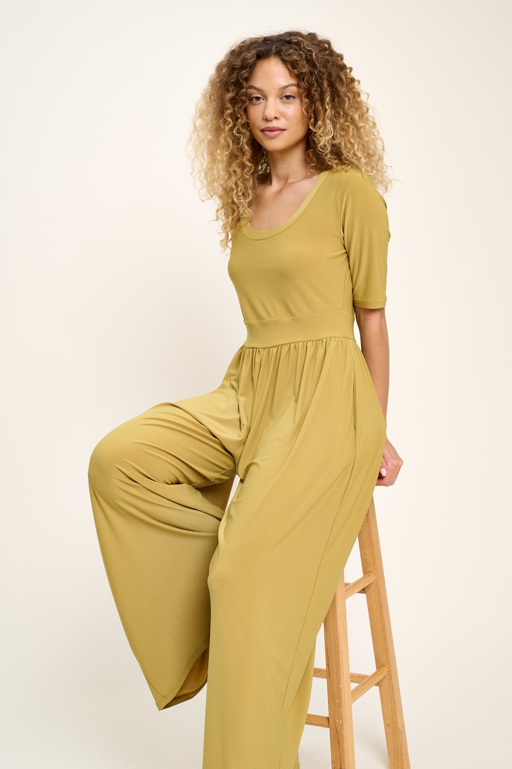 Image of West K Jana Short Sleeve Knit Jumpsuit Green Citron