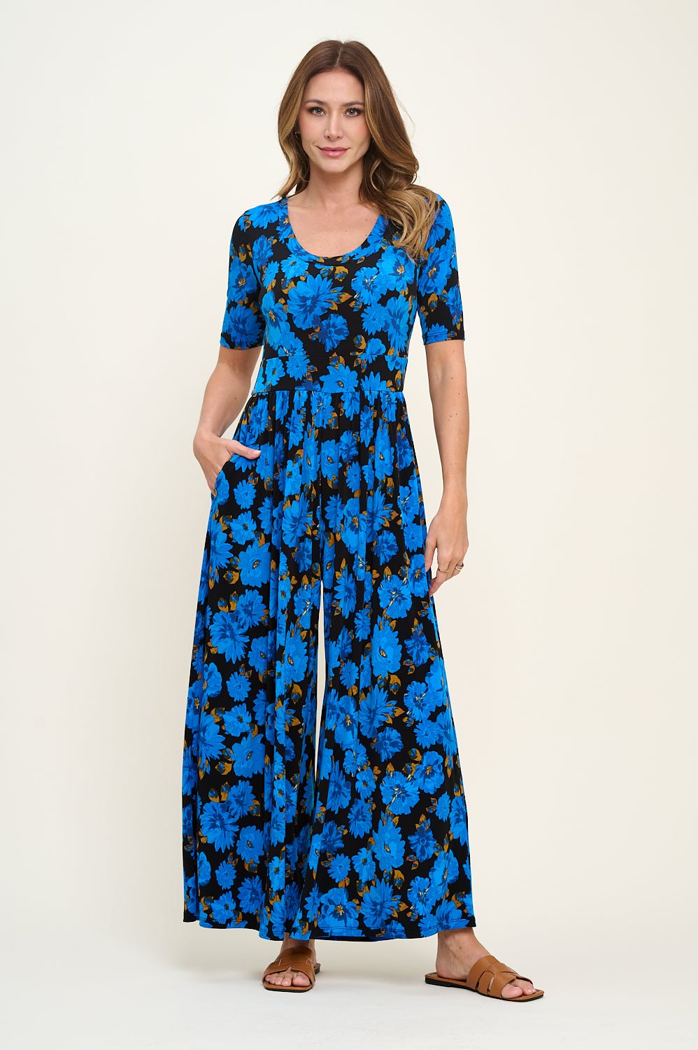 Image of West K Jana Short Sleeve Knit Jumpsuit Royal Floral