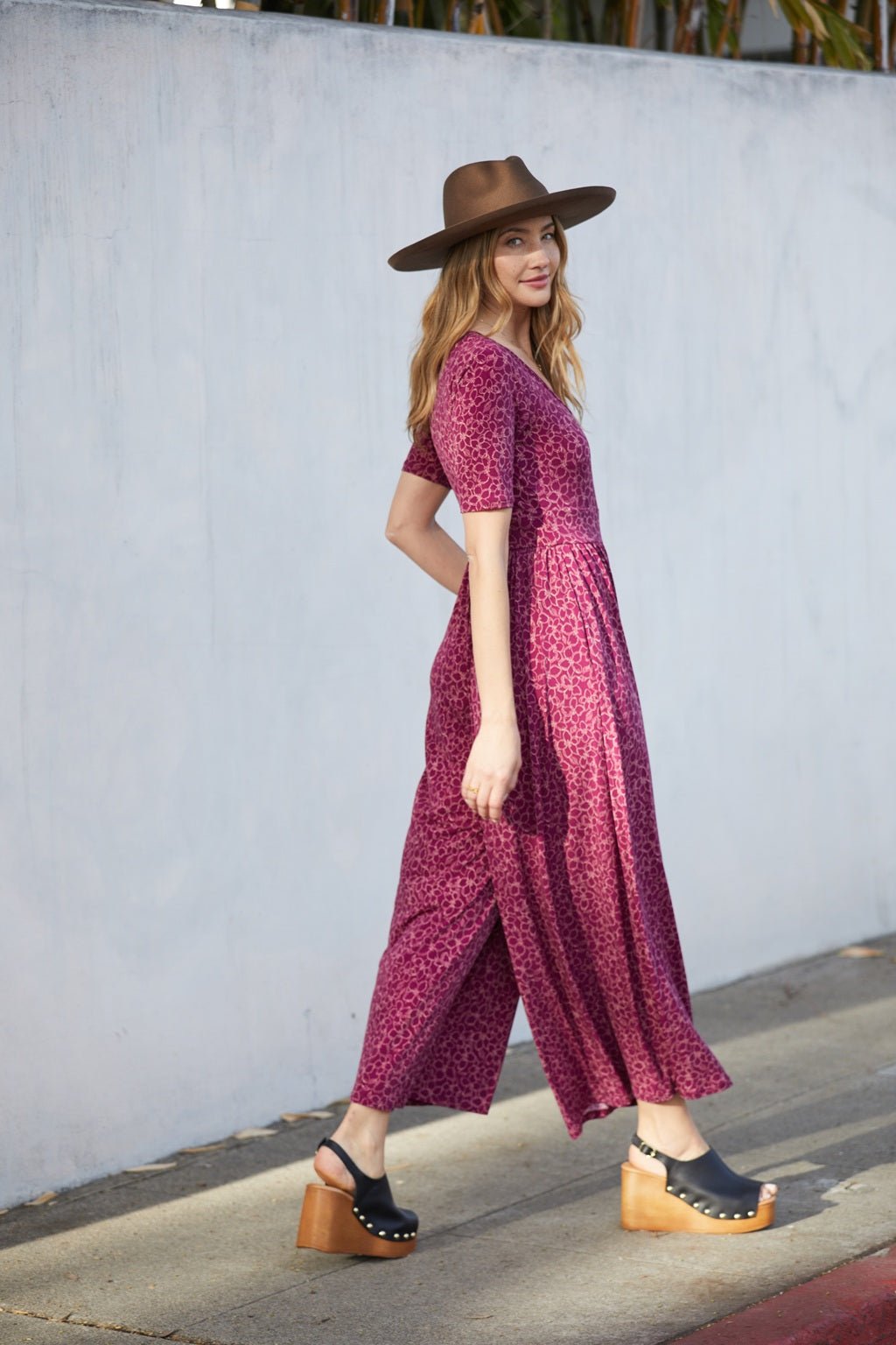 Image of West K Jana Short Sleeve Knit Jumpsuit Wine Floral