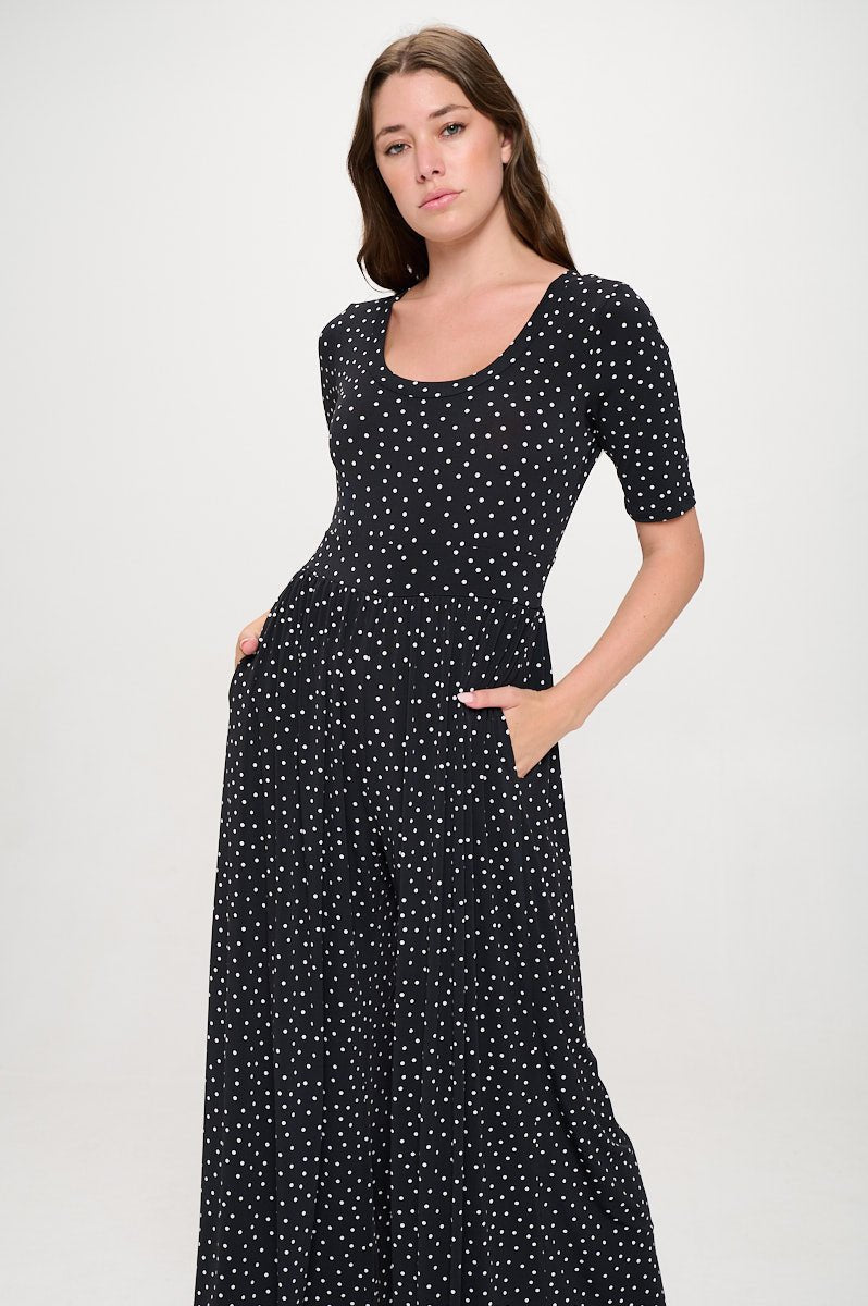 Image of West K Jana Short Sleeve Round Neck Knit Jumpsuit Black White Dot