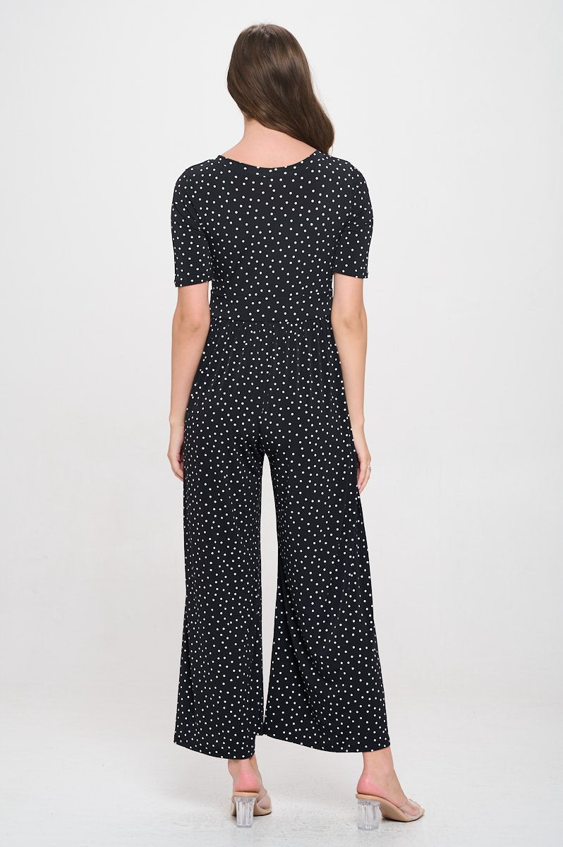 Image of West K Jana Short Sleeve Round Neck Knit Jumpsuit Black White Dot