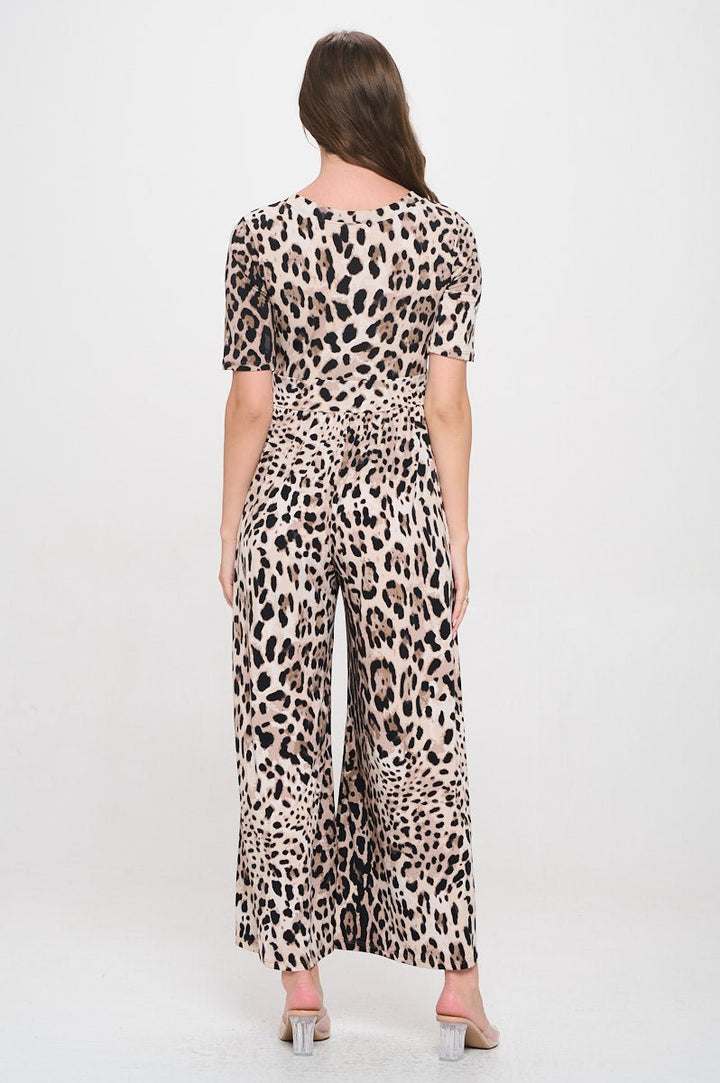 Image of West K Jana Short Sleeve Round Neck Knit Jumpsuit Mocha Leopard