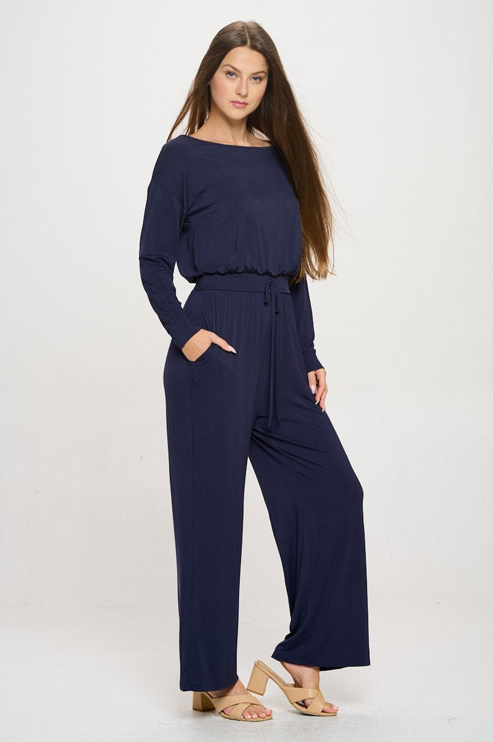 Image of West K Jane Long Sleeve Boat Neck Jumpsuit Navy