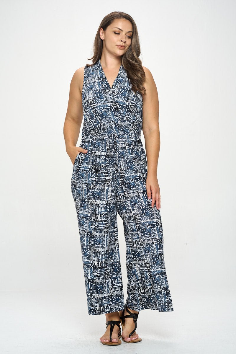 Image of West K Jillian Plus Size Sleeveless Knit Jumpsuit Blue Aztec