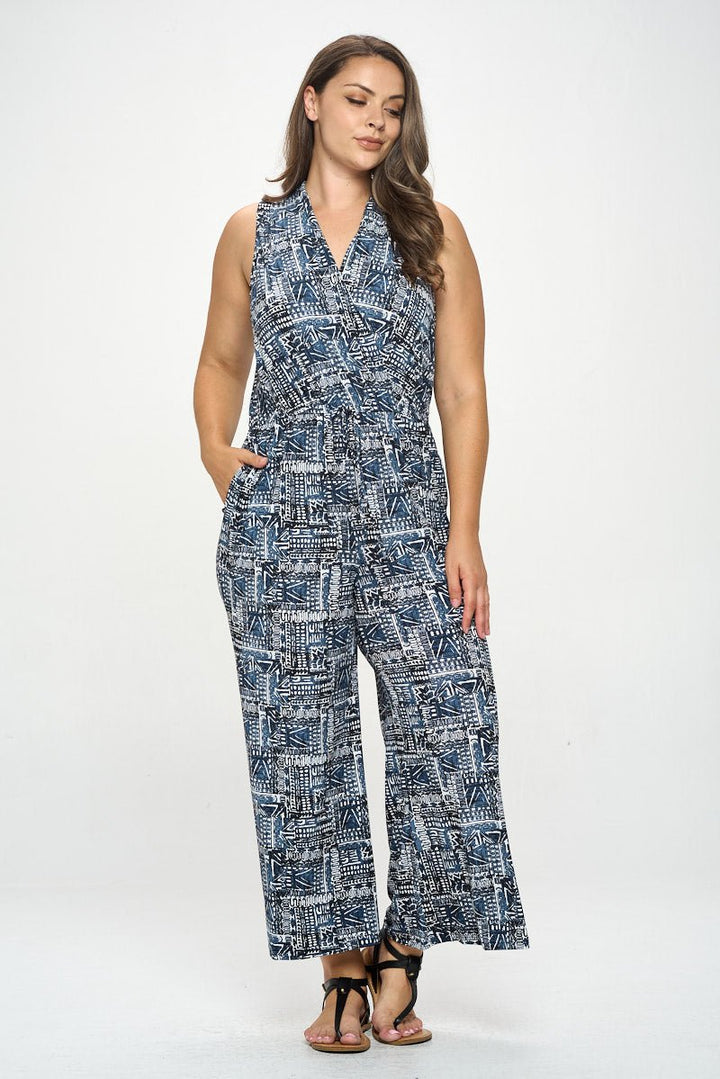 Image of West K Jillian Plus Size Sleeveless Knit Jumpsuit Blue Aztec