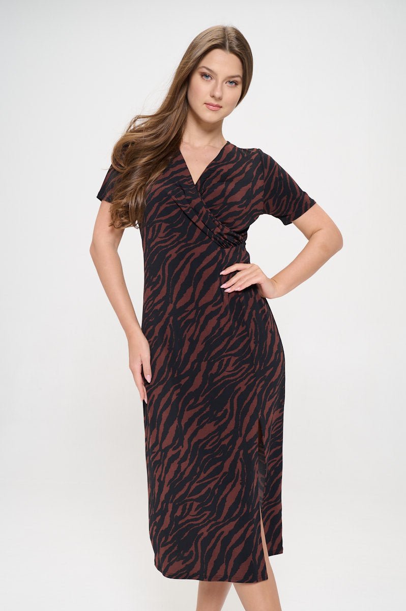 Image of West K Jocelyn Side Ruched Midi Dress Black Brown Zebra