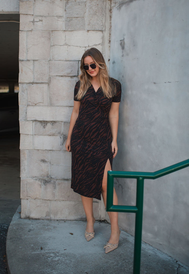 Image of West K Jocelyn Side Ruched Midi Dress Black Brown Zebra