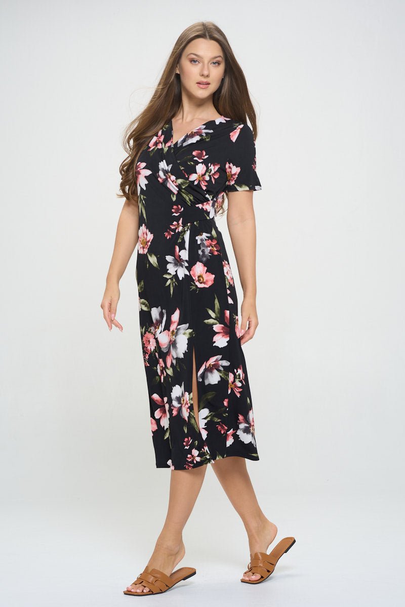 Image of West K Jocelyn Side Ruched Midi Dress Black Multi Floral