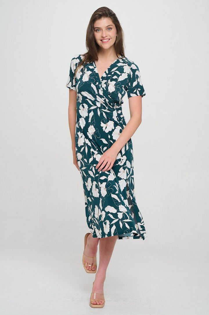 Image of West K Jocelyn Side Ruched Midi Dress Green White Floral