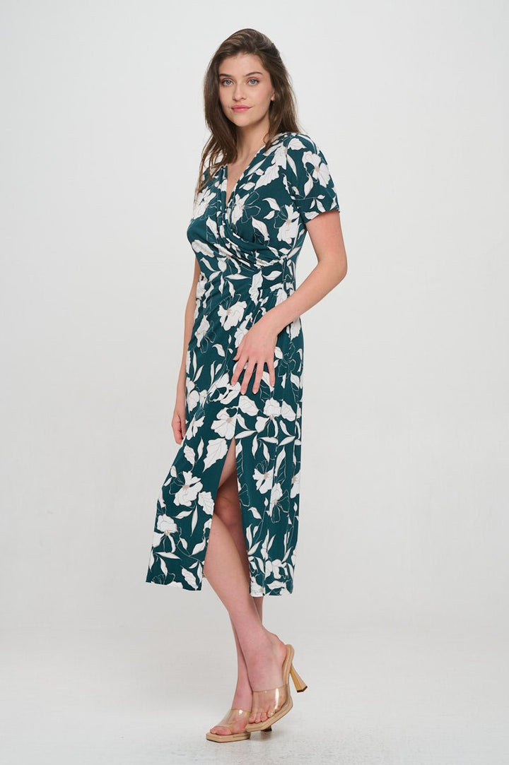 Image of West K Jocelyn Side Ruched Midi Dress Green White Floral