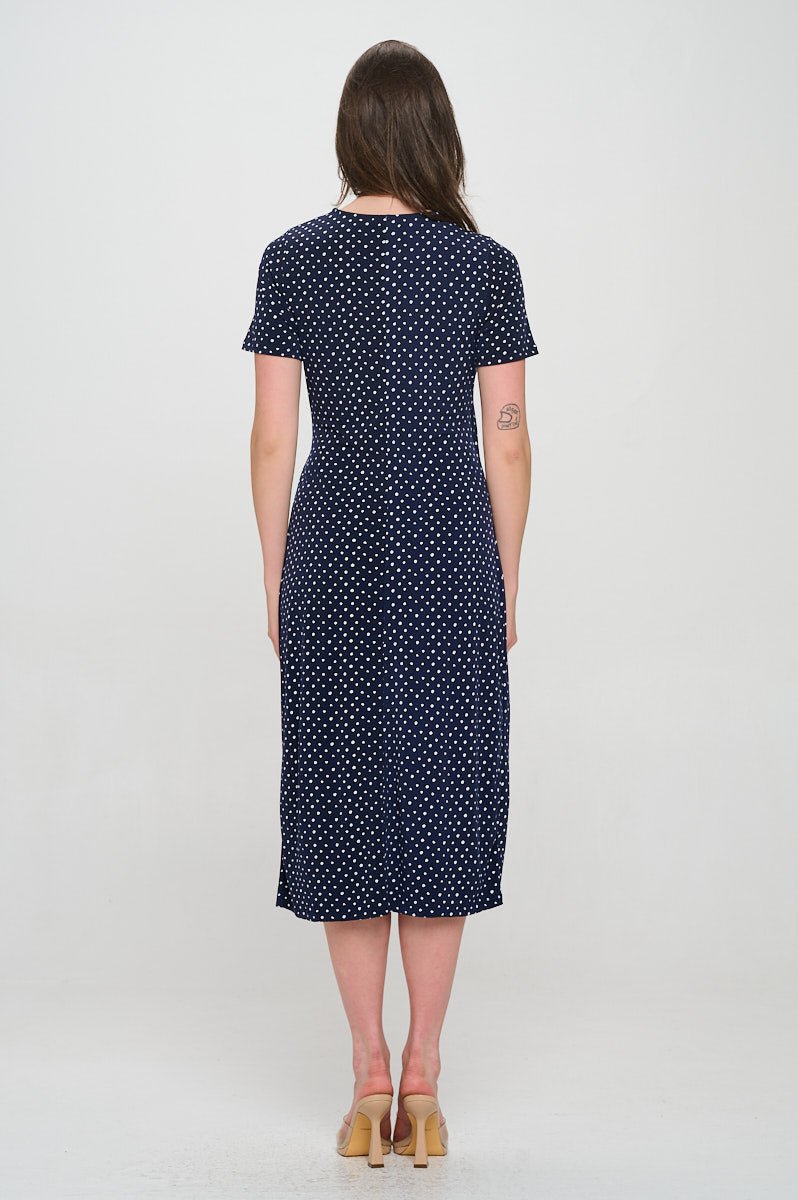 Image of West K Jocelyn Side Ruched Midi Dress Navy Dots