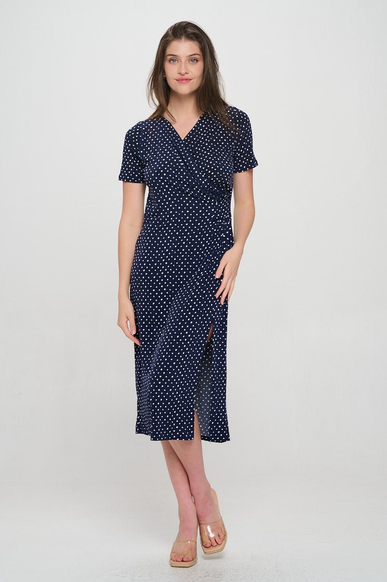 Image of West K Jocelyn Side Ruched Midi Dress Navy Dots