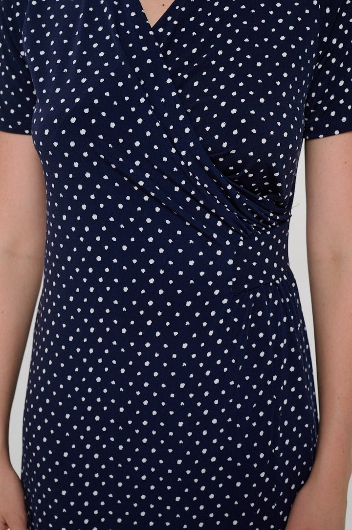 Image of West K Jocelyn Side Ruched Midi Dress Navy Dots