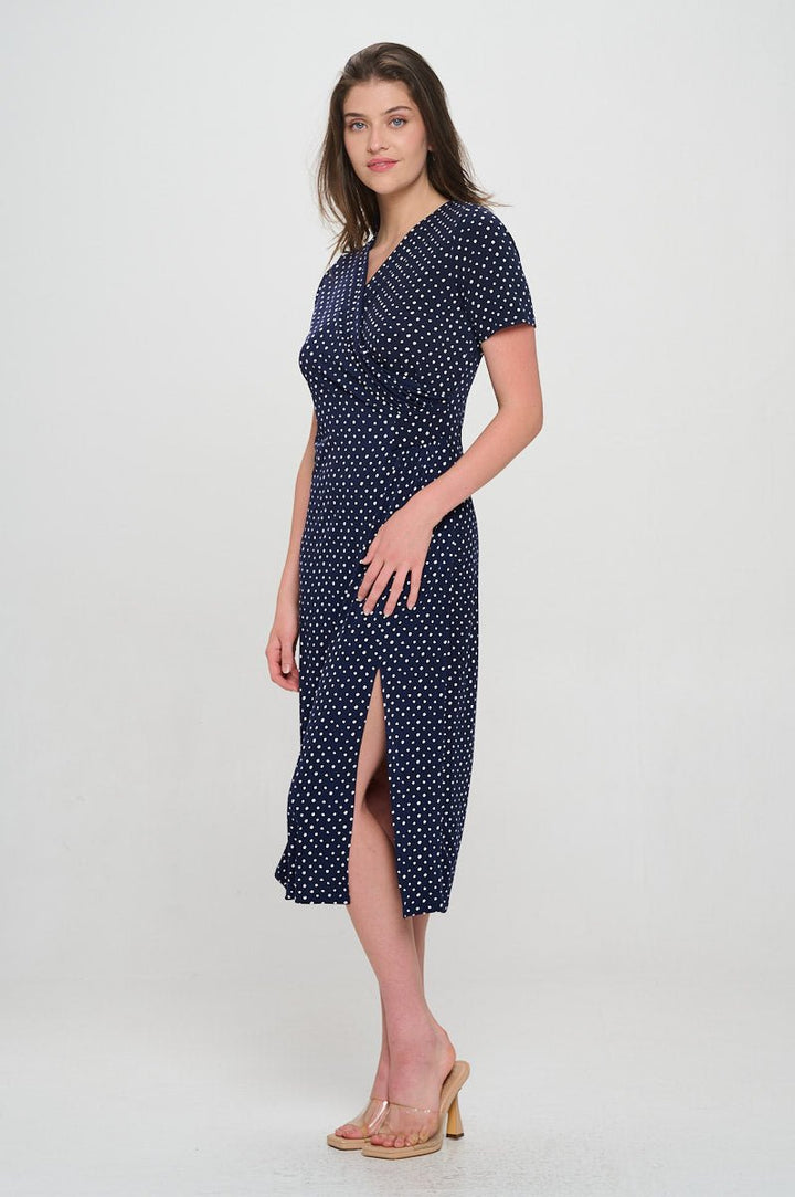 Image of West K Jocelyn Side Ruched Midi Dress Navy Dots